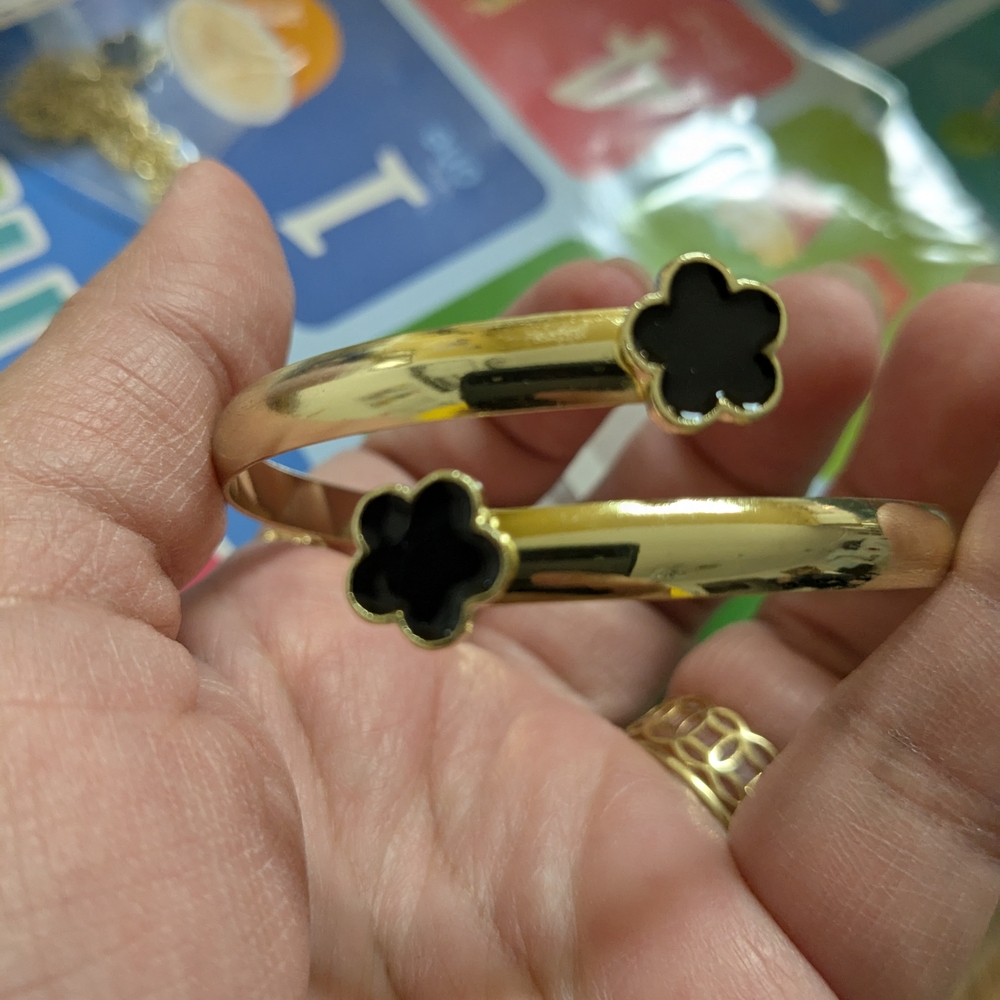 Gold and Black Floral Bangle Bracelet